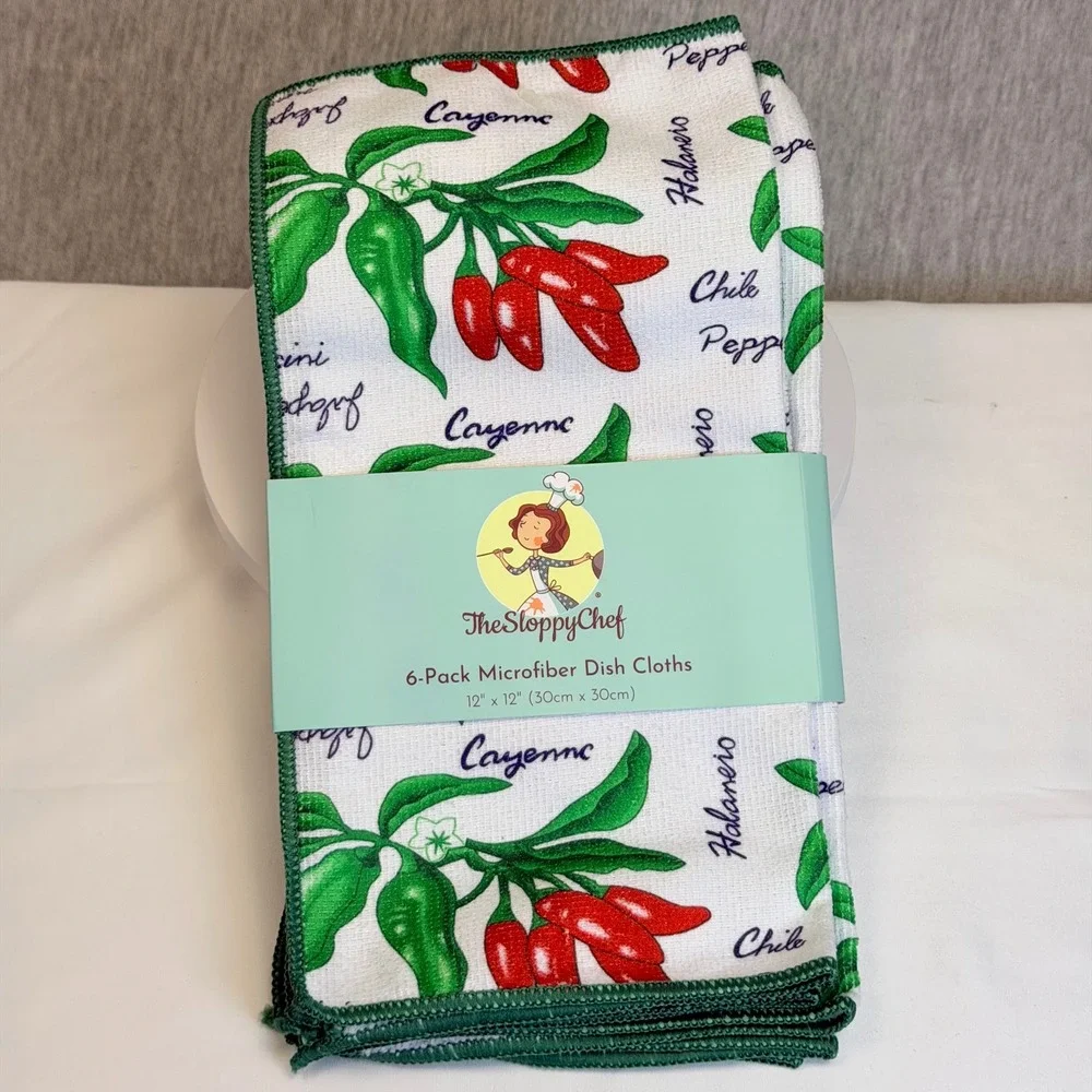 The Sloppy Chef 6-Pack Microfiber Dish Cloths Chili Pepper Print 12x12 New